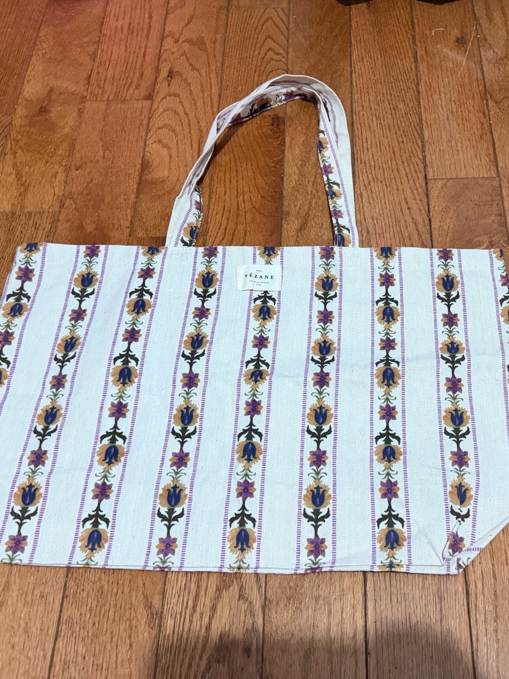 Sezane Cream Canvas Tote with Purple and Gold Floral Stripes